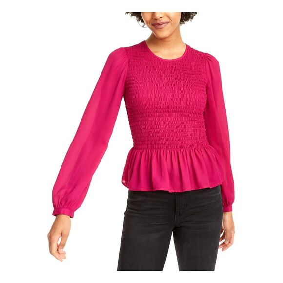 LEYDEN Tops - LEYDEN Womens Textured Smocked Long Sleeve Jewel Neck Evening Peplum Top